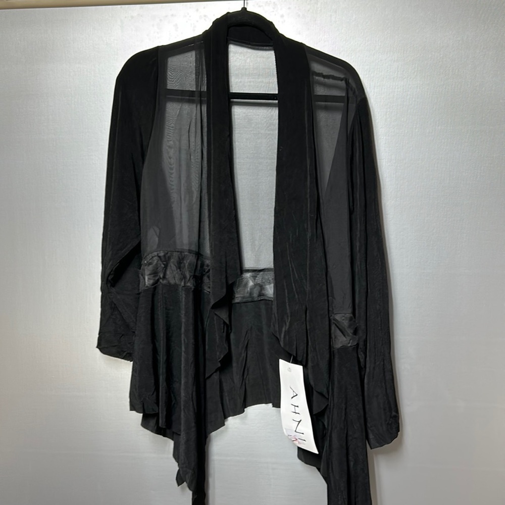 AHNI layering item with open front long line and long sleeves shark bite hem